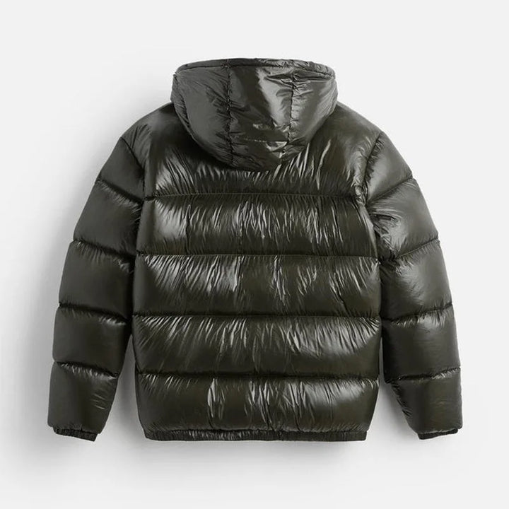 Men's hooded puffer jacket with quilted panels and front zip