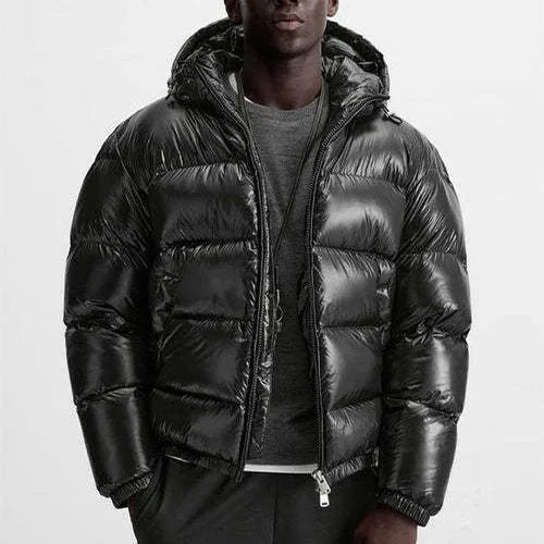Men's hooded puffer jacket with quilted panels and front zip