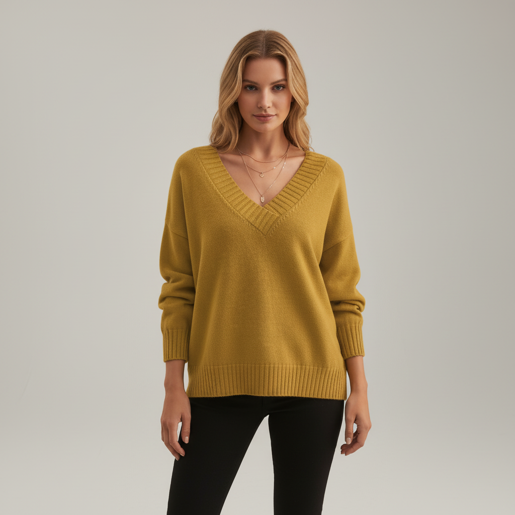 Women's plain V-neck sweater with long sleeves and ribbed trims