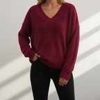 Women's plain V-neck sweater with long sleeves and ribbed trims