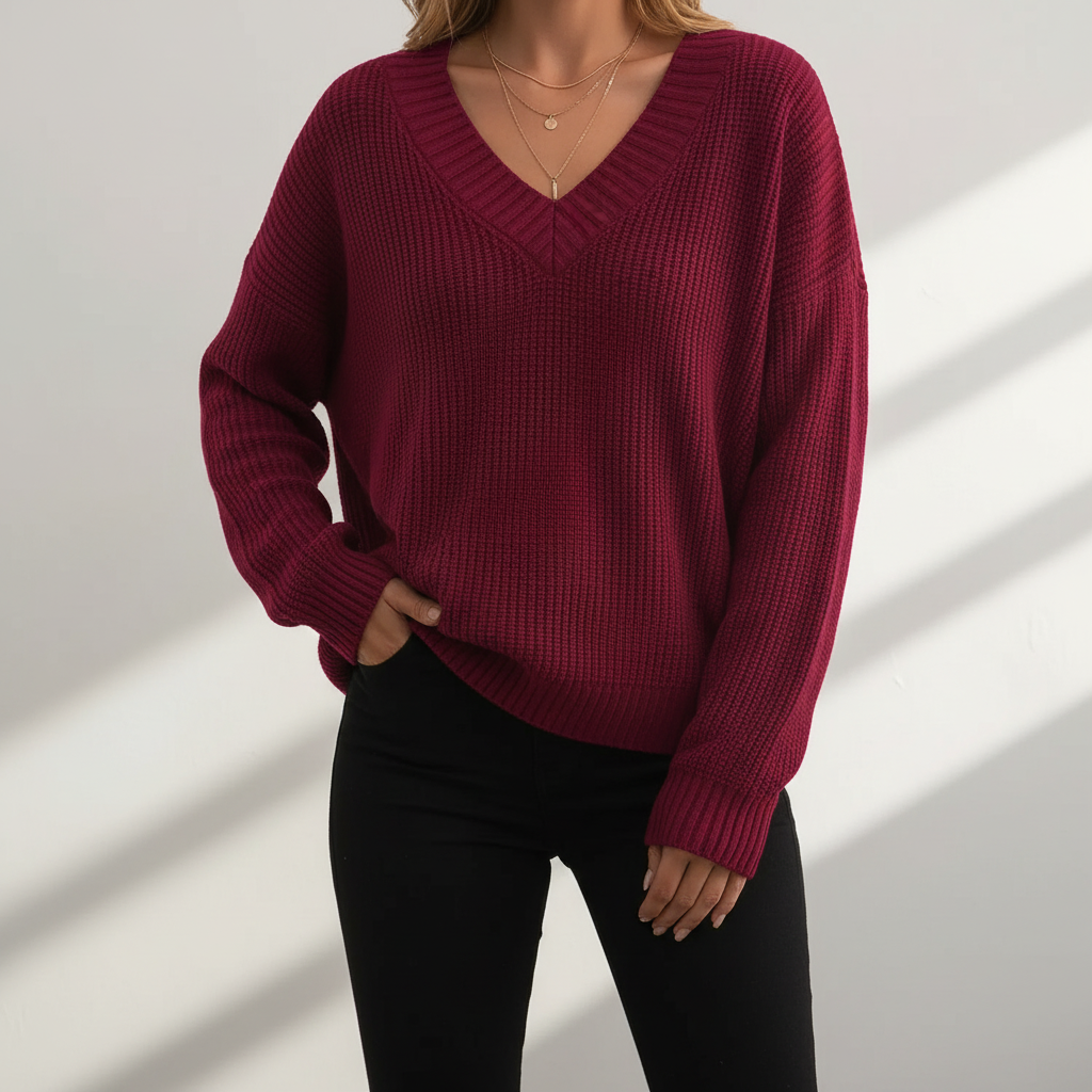Women's plain V-neck sweater with long sleeves and ribbed trims