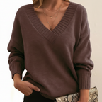 Women's plain V-neck sweater with long sleeves and ribbed trims