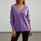 Women's plain V-neck sweater with long sleeves and ribbed trims