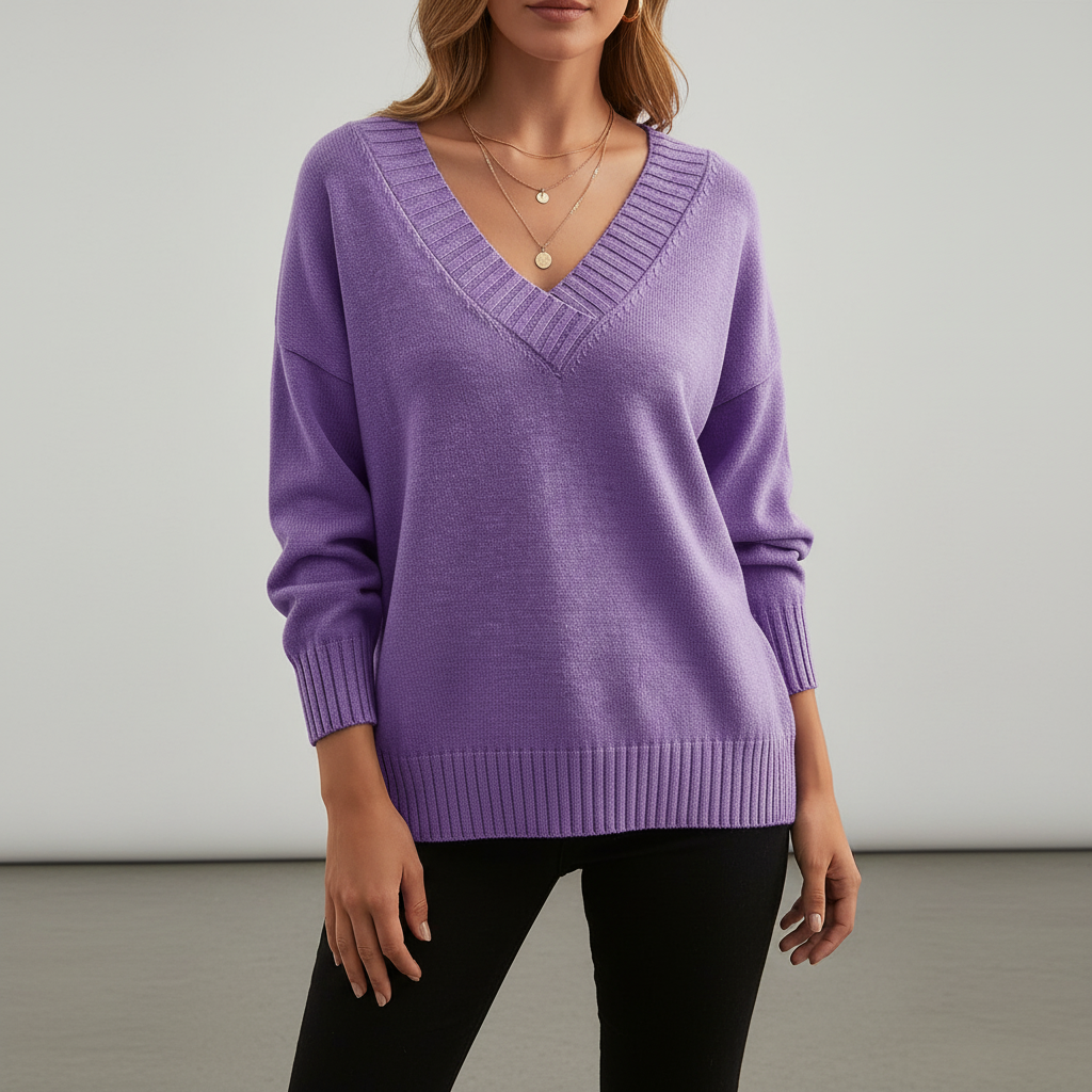 Women's plain V-neck sweater with long sleeves and ribbed trims