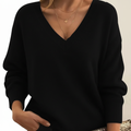 Women's plain V-neck sweater with long sleeves and ribbed trims