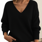 Women's plain V-neck sweater with long sleeves and ribbed trims