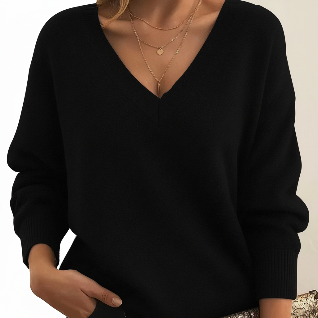 Women's plain V-neck sweater with long sleeves and ribbed trims