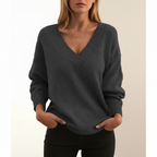 Women's plain V-neck sweater with long sleeves and ribbed trims