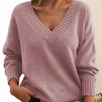 Women's plain V-neck sweater with long sleeves and ribbed trims