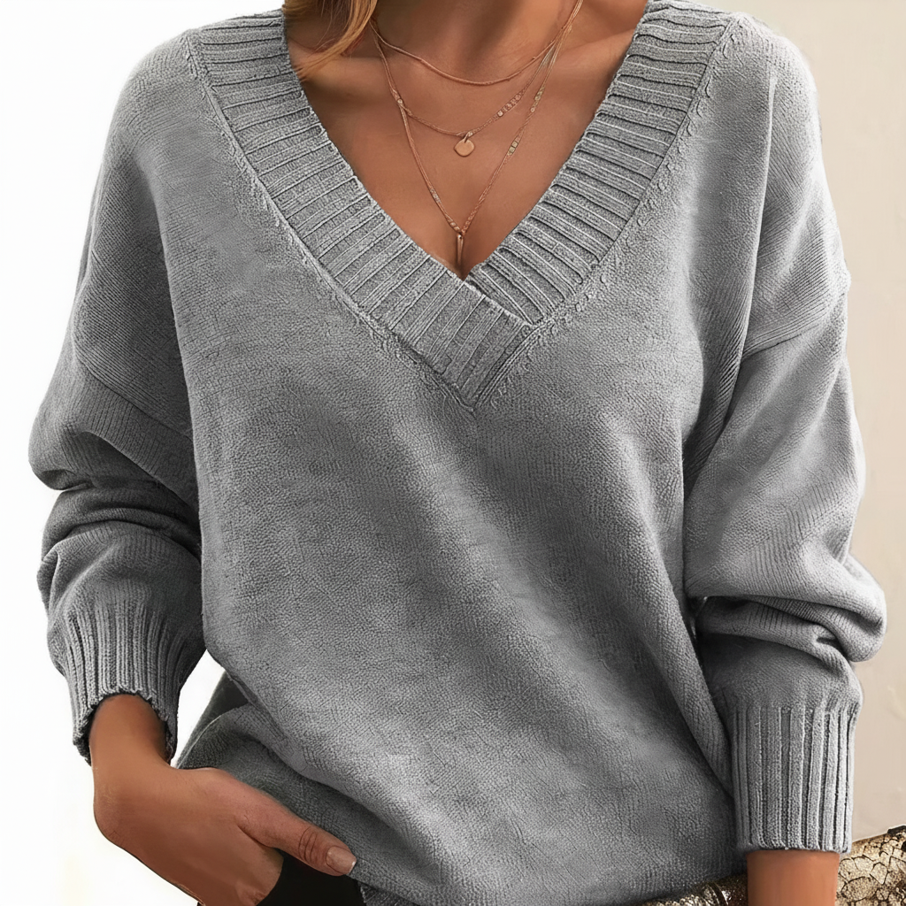 Women's plain V-neck sweater with long sleeves and ribbed trims