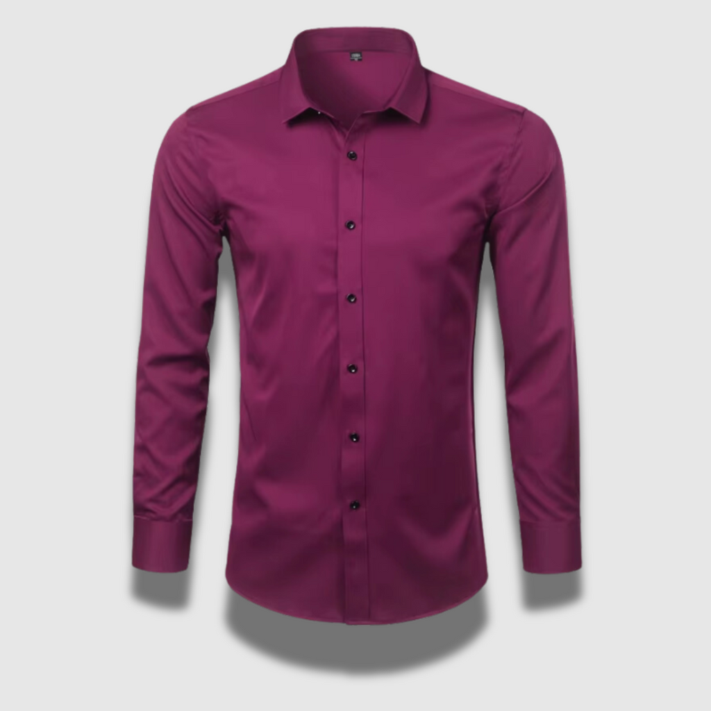 Men's long sleeve formal shirt with point collar, button front and curved hem