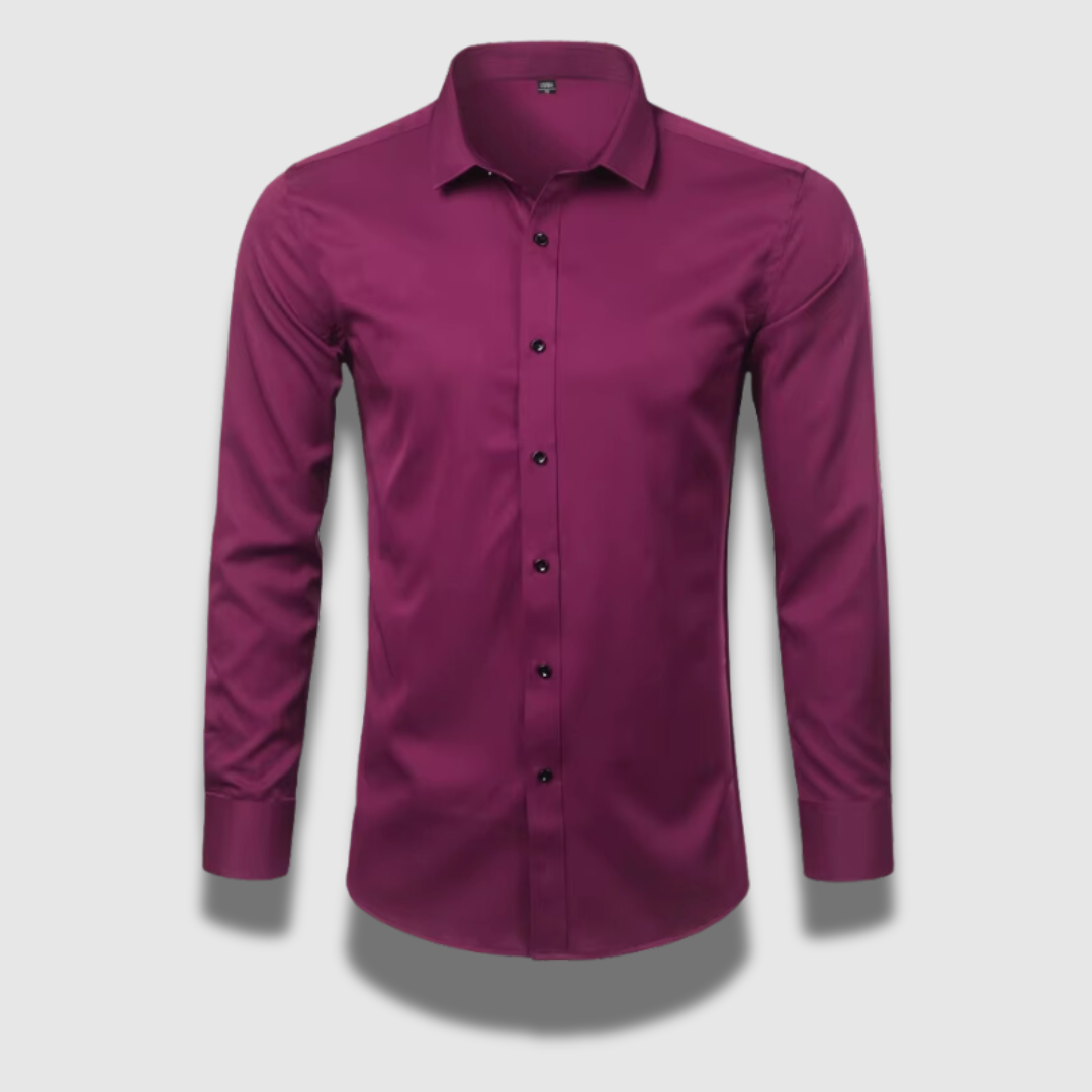 Men's long sleeve formal shirt with point collar, button front and curved hem