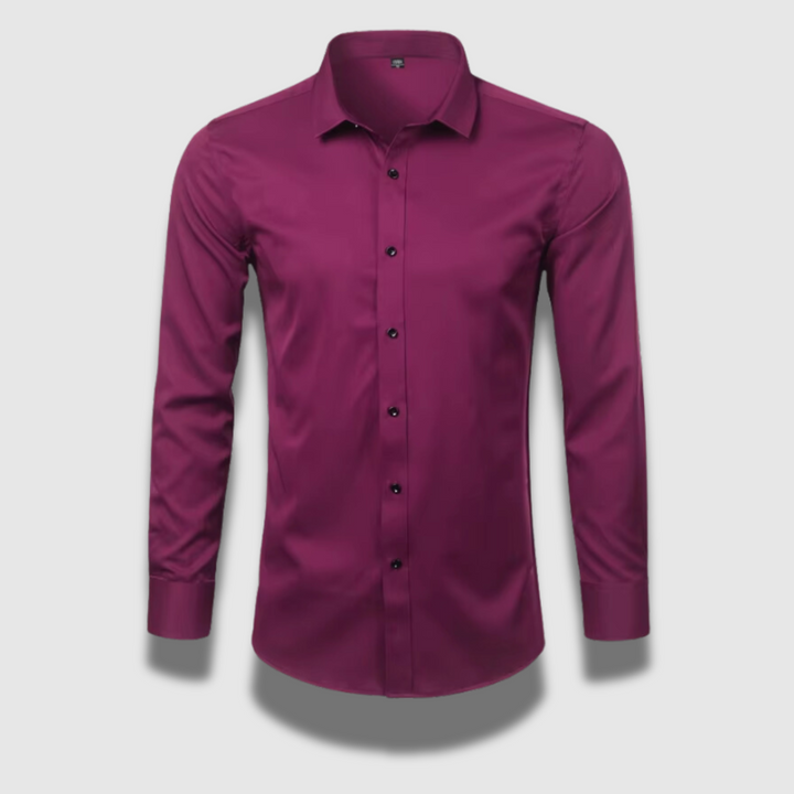 Men's long sleeve formal shirt with point collar, button front and curved hem