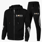 Men's hooded tracksuit with zip jacket and striped joggers