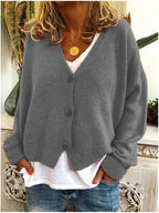 Women's long-sleeve V-neck button cardigan shown in multiple colours