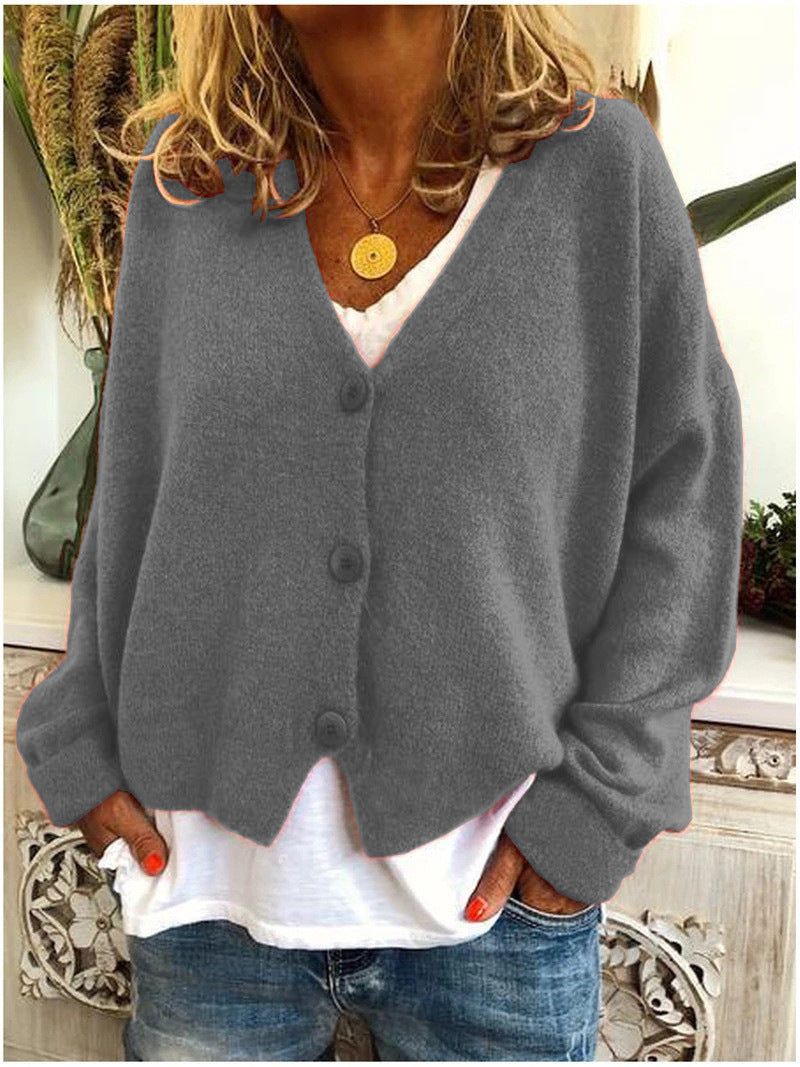 Women's long-sleeve V-neck button cardigan shown in multiple colours