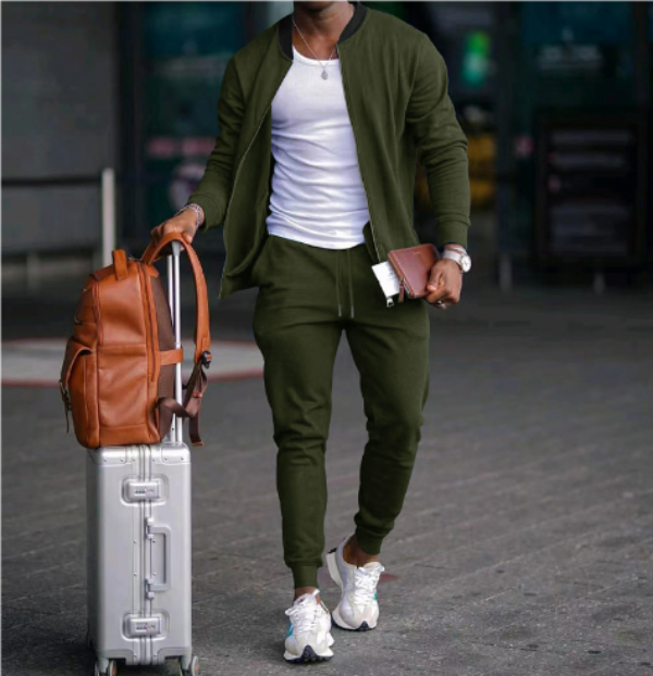 Men's solid tracksuit set with zip jacket and tapered joggers