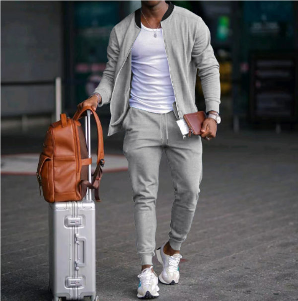 Men's solid tracksuit set with zip jacket and tapered joggers