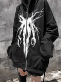 Women's black oversized zip hoodie with white abstract front graphic