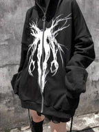 Women's black oversized zip hoodie with white abstract front graphic