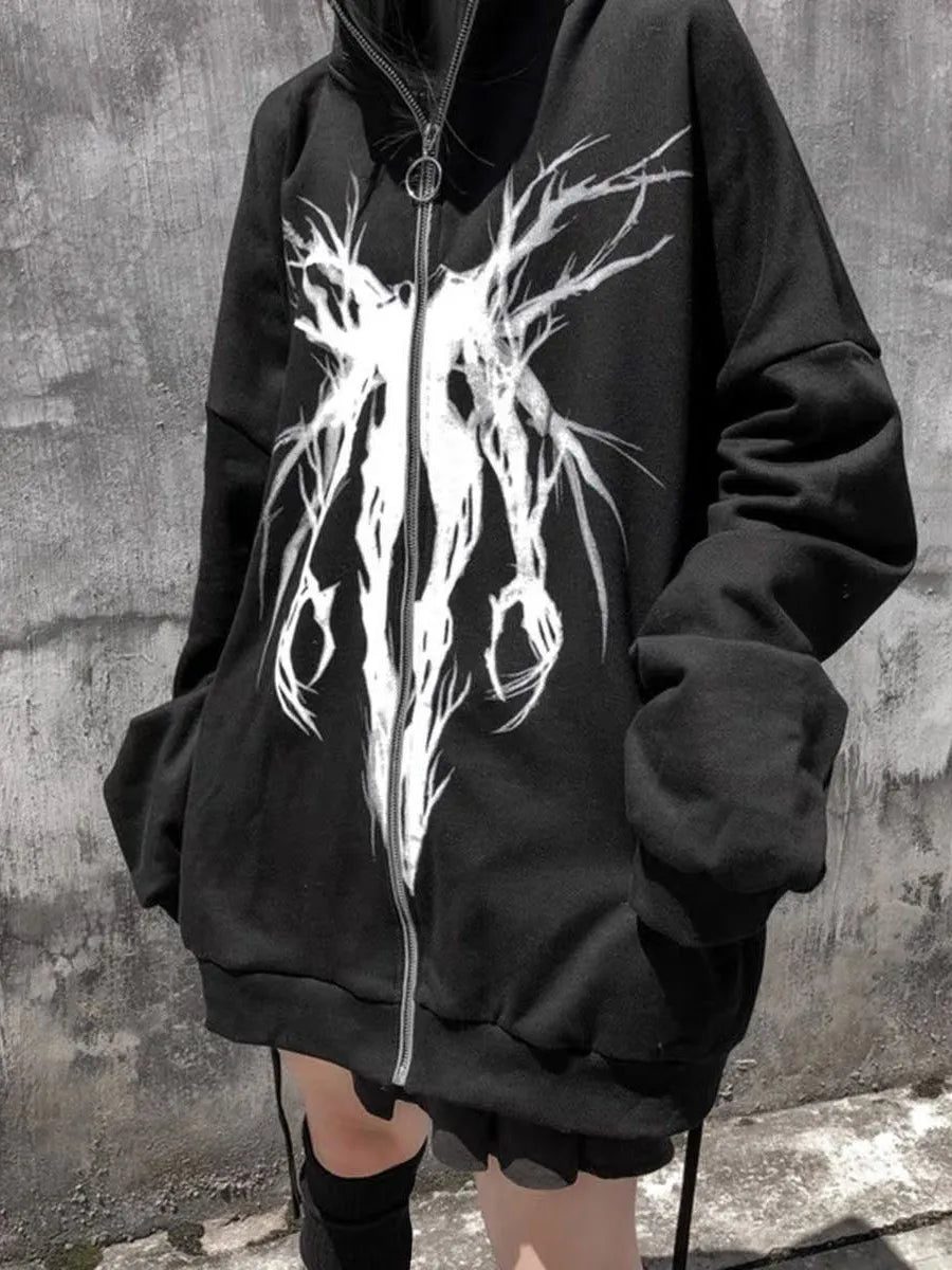 Women's black oversized zip hoodie with white abstract front graphic