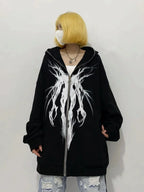 Women's black oversized zip hoodie with white abstract front graphic