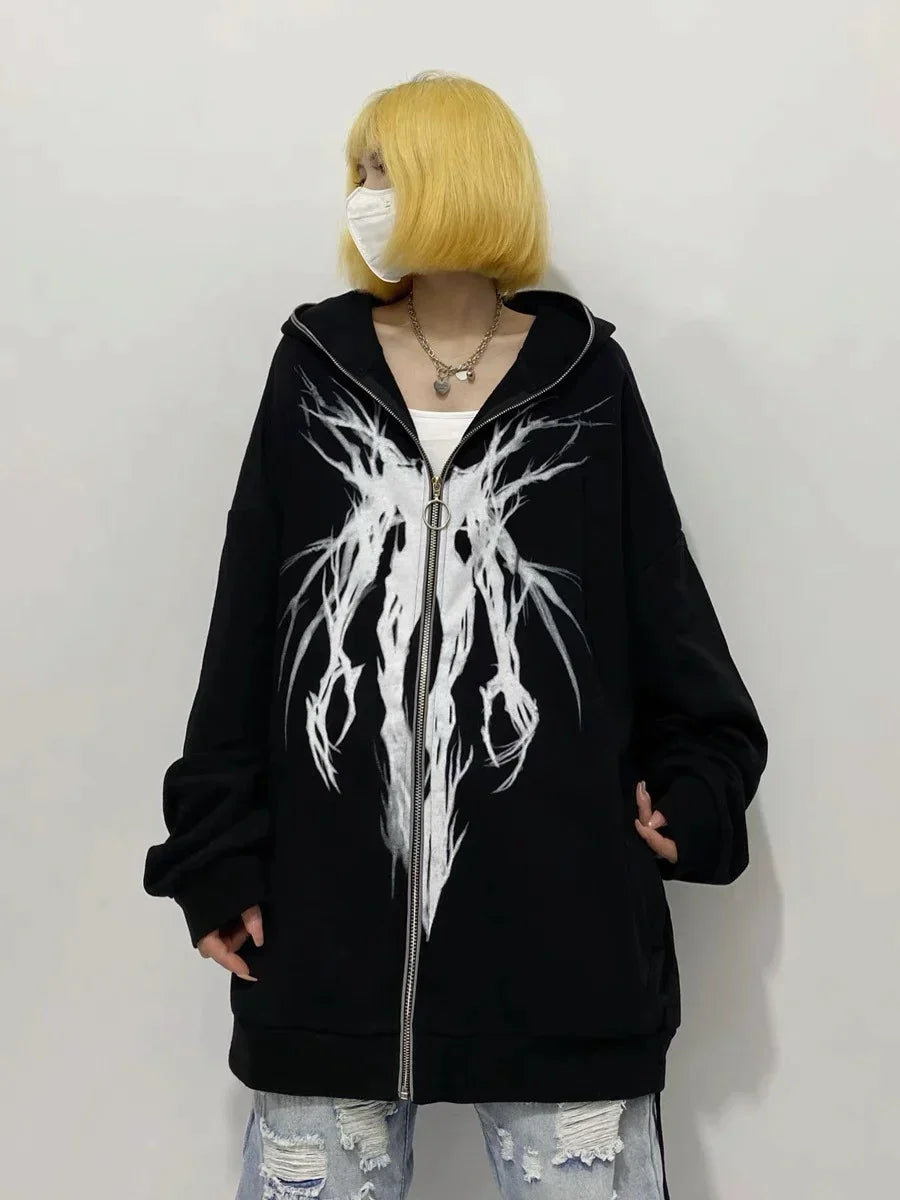 Women's black oversized zip hoodie with white abstract front graphic