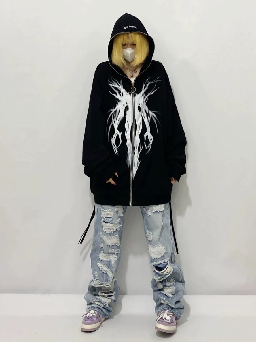 Women's black oversized zip hoodie with white abstract front graphic