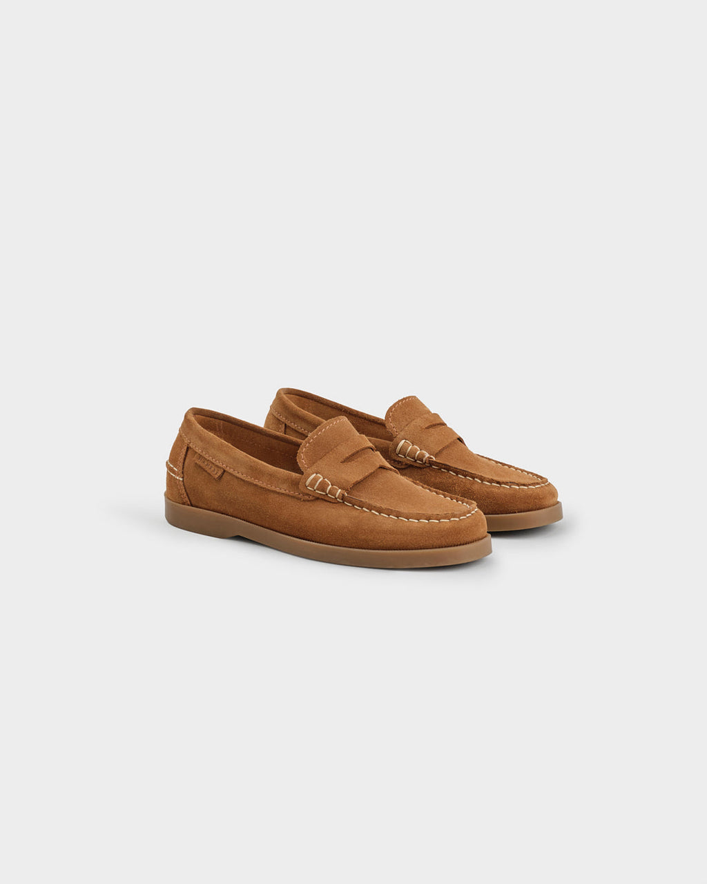 Brown suede loafers with almond toe and strap detail
