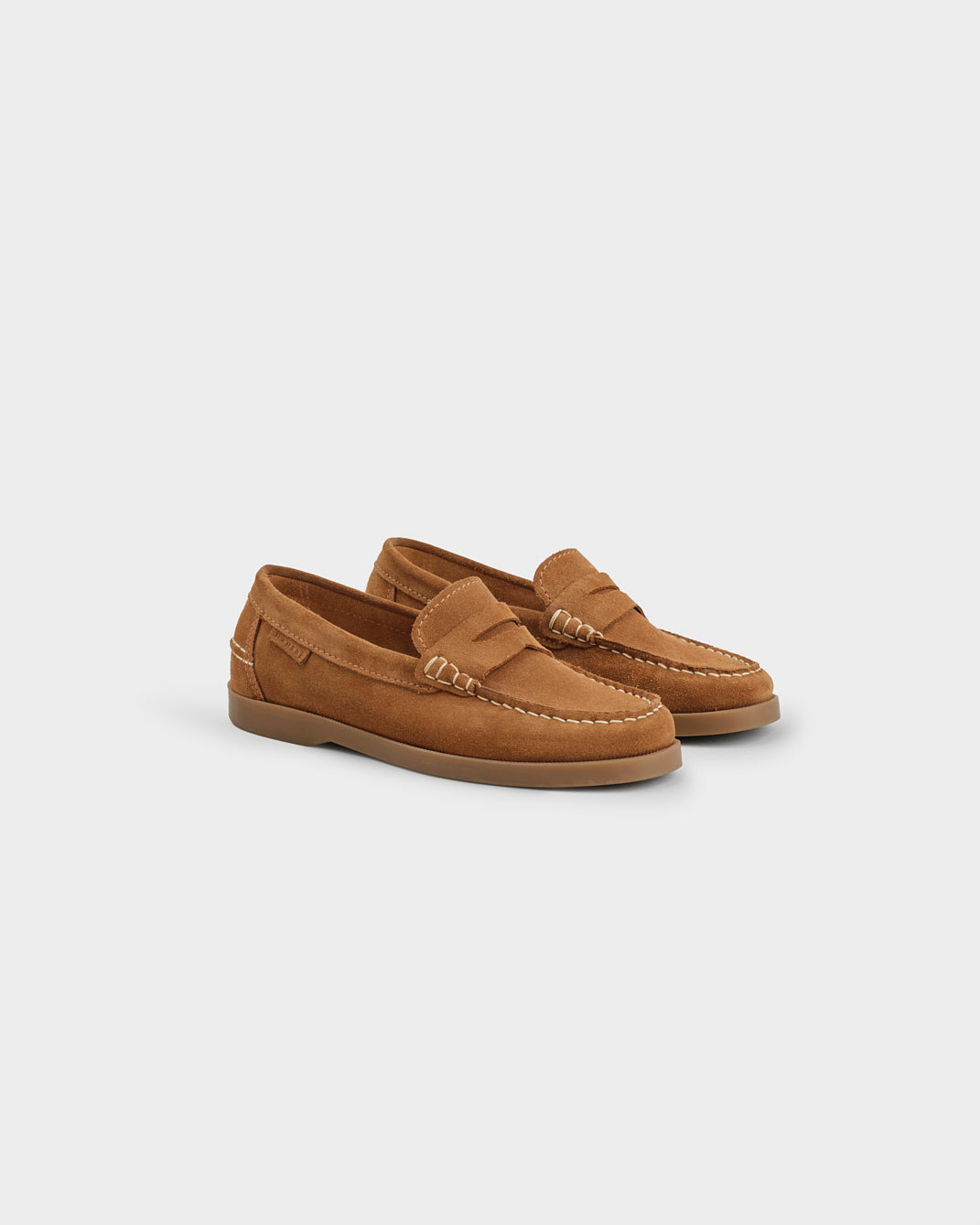 Brown suede loafers with almond toe and strap detail