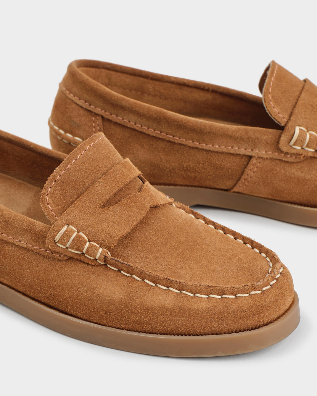 Brown suede loafers with almond toe and strap detail