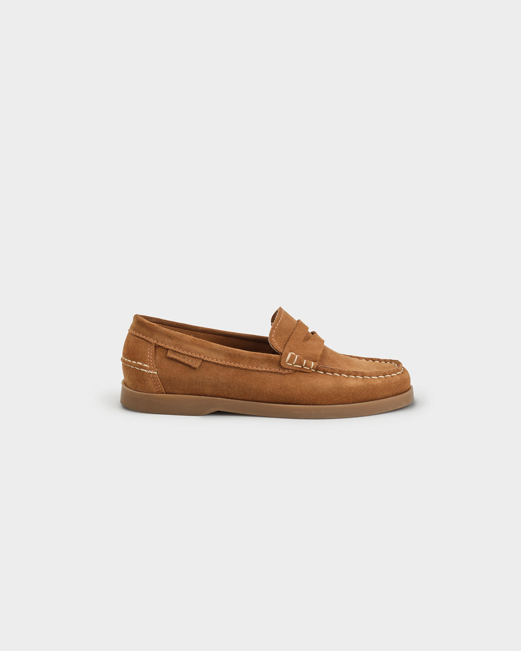 Brown suede loafers with almond toe and strap detail