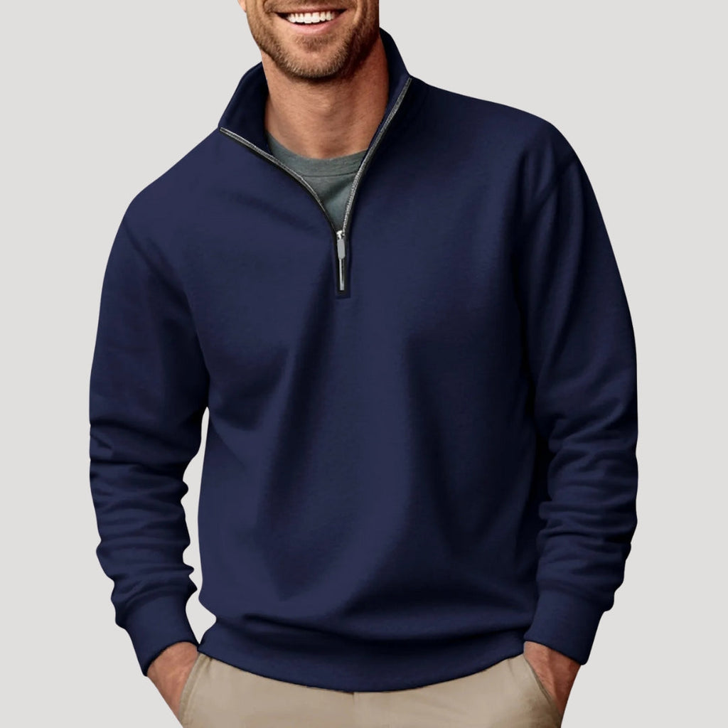 Men's white half-zip sweatshirt with stand collar and ribbed trims