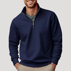 Men's white half-zip sweatshirt with stand collar and ribbed trims