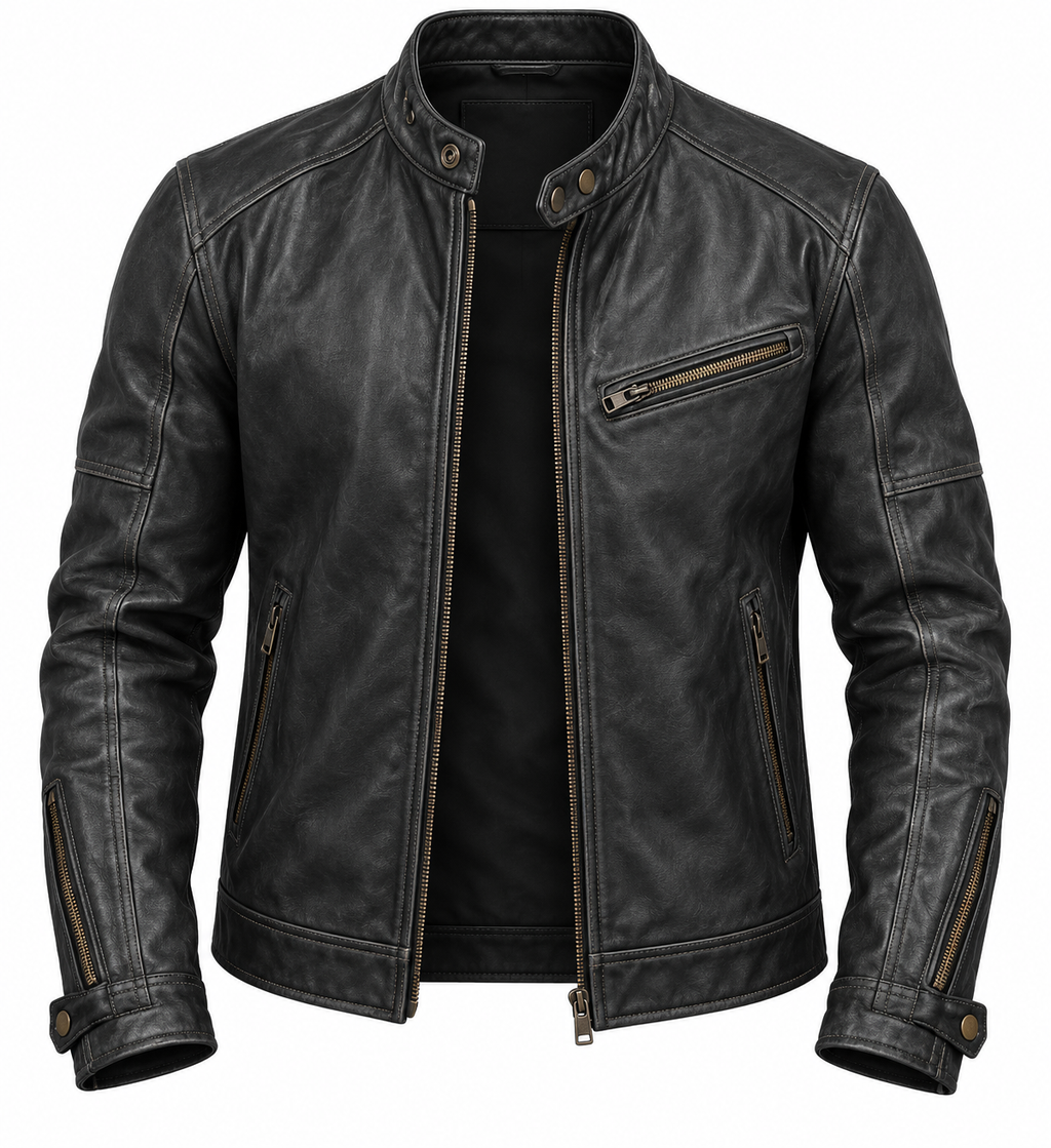 Men's stand-collar jacket with long sleeves, front zip and multiple zipped pockets