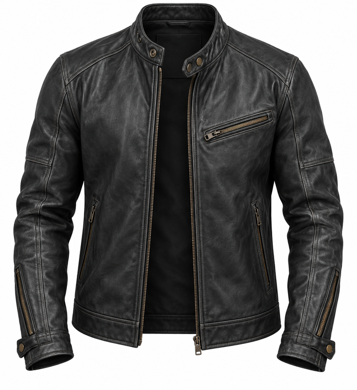 Men's stand-collar jacket with long sleeves, front zip and multiple zipped pockets