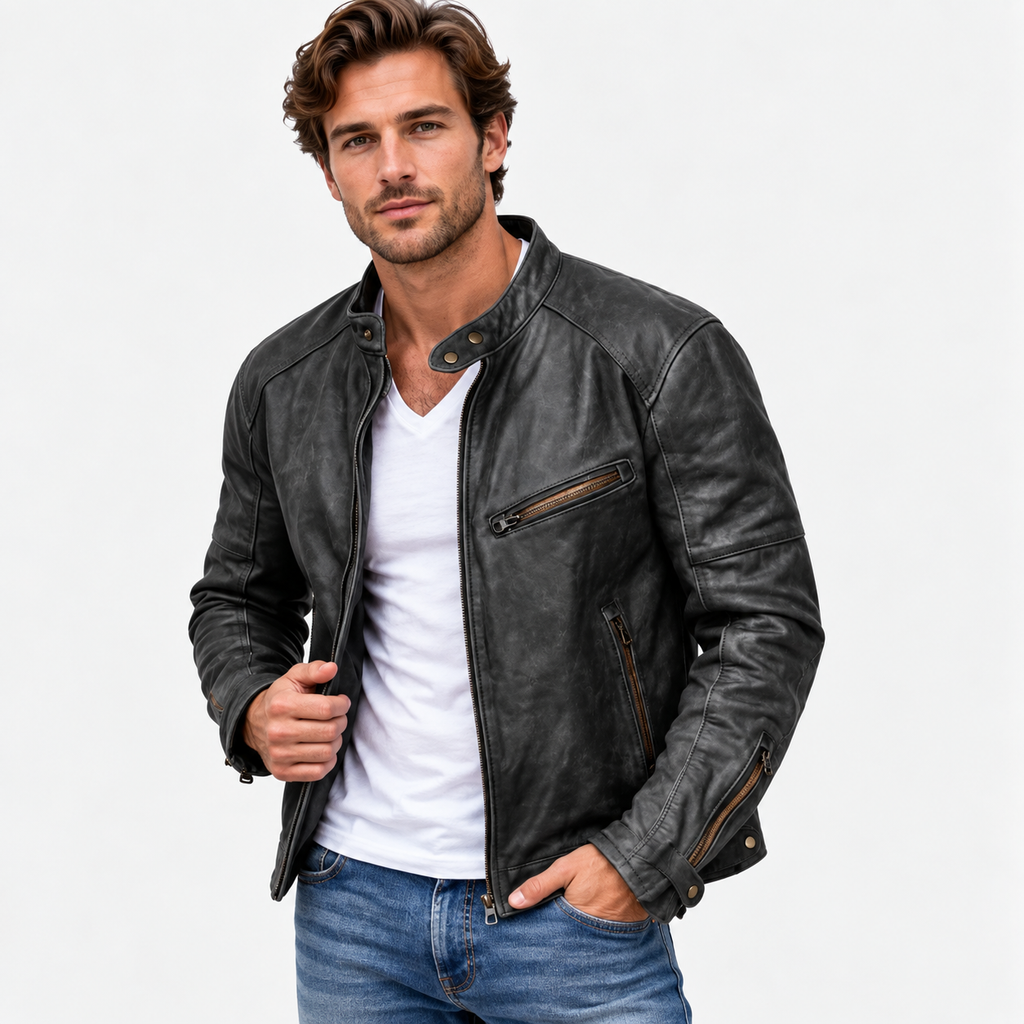 Men's stand-collar jacket with long sleeves, front zip and multiple zipped pockets
