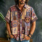 Men's short-sleeve patchwork shirt with peace signs and guitar motifs