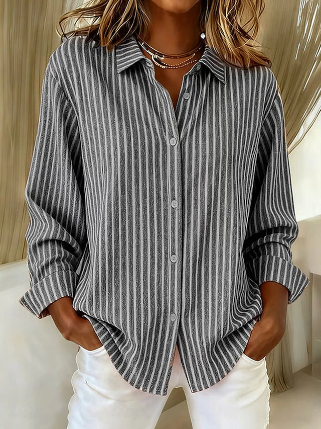 Women's striped button-down shirt with collared neckline and long sleeves