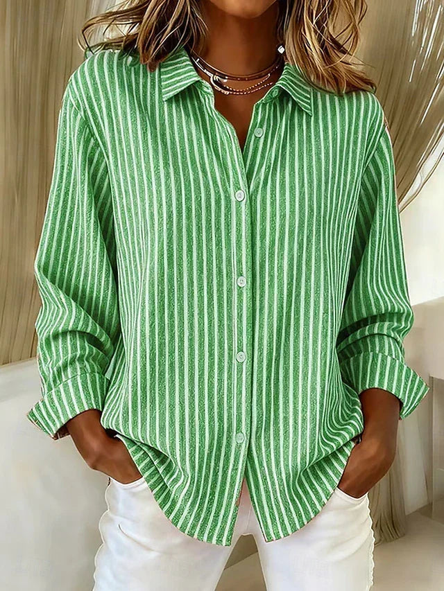 Women's striped button-down shirt with collared neckline and long sleeves