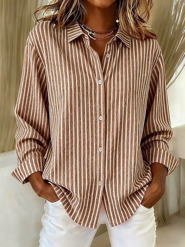 Women's striped button-down shirt with collared neckline and long sleeves