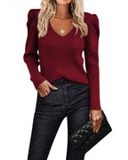 Women's ribbed V-neck jumper with puff sleeves