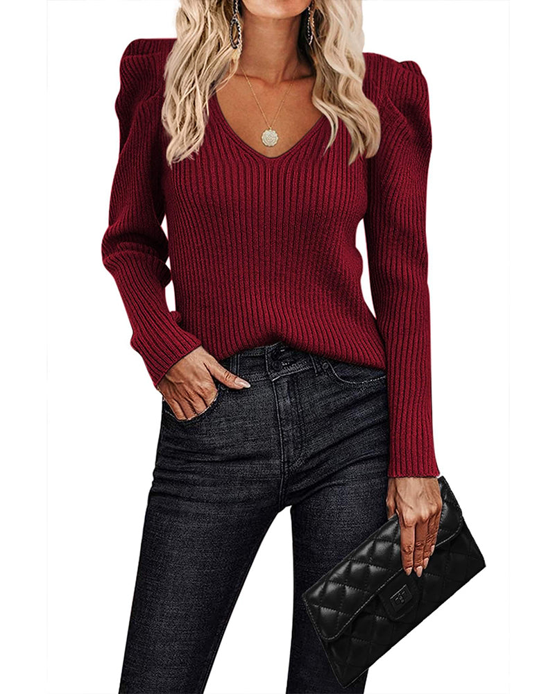 Women's ribbed V-neck jumper with puff sleeves