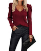 Women's ribbed V-neck jumper with puff sleeves