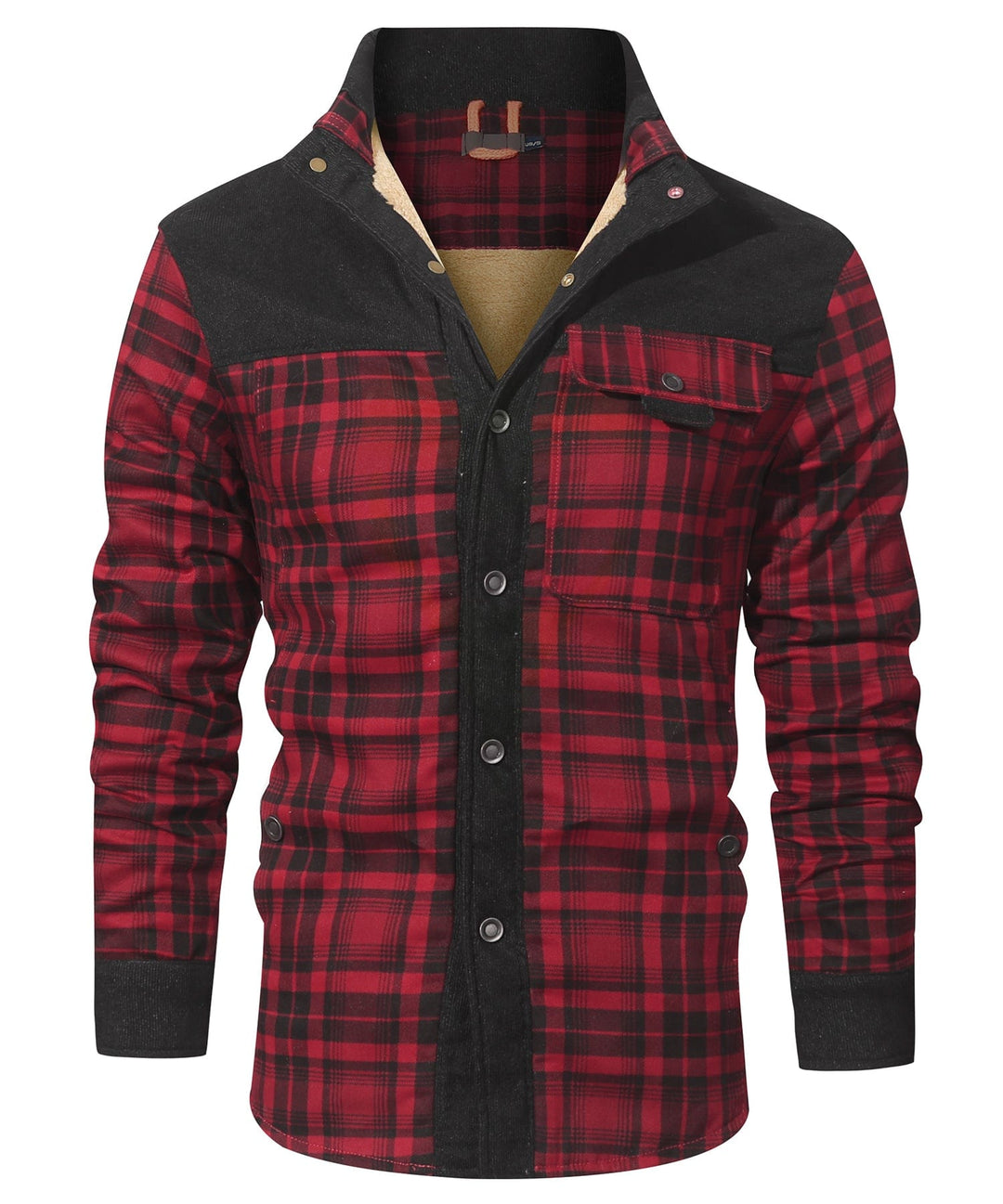 Men's checked jacket with stand collar, long sleeves and button front