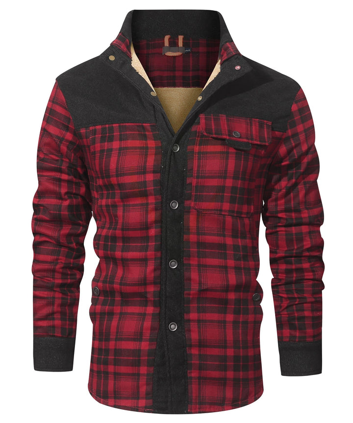 Men's checked jacket with stand collar, long sleeves and button front
