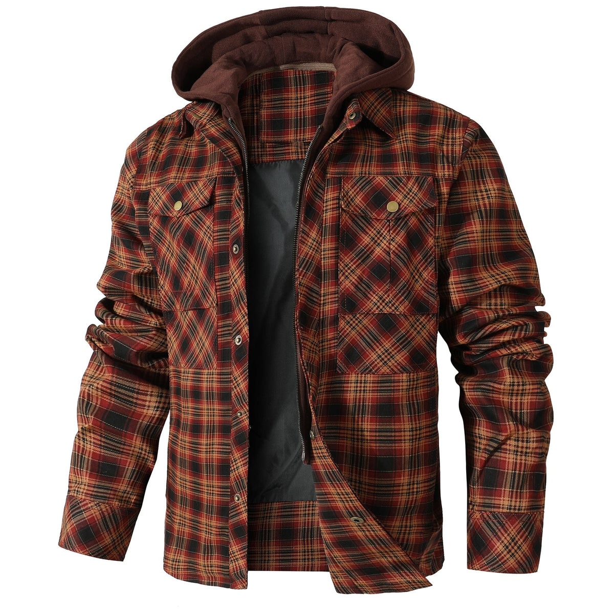 Men's checked hooded jacket with long sleeves and utility pockets