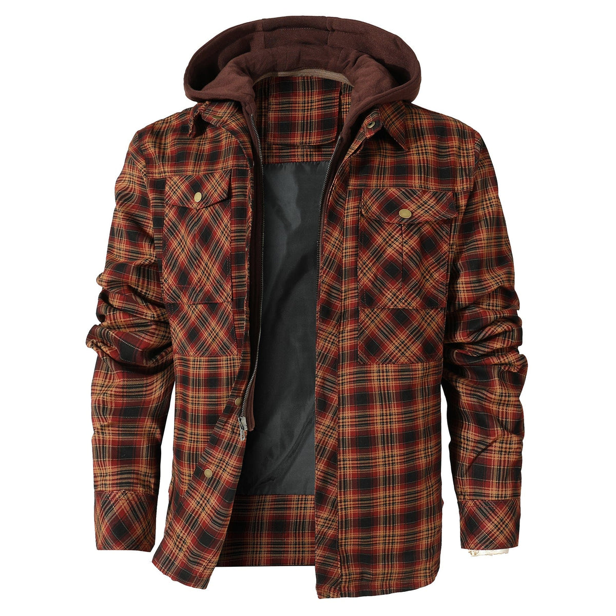Men's checked hooded jacket with long sleeves and utility pockets