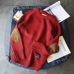 Men's ribbed crew neck pullover with elbow patches
