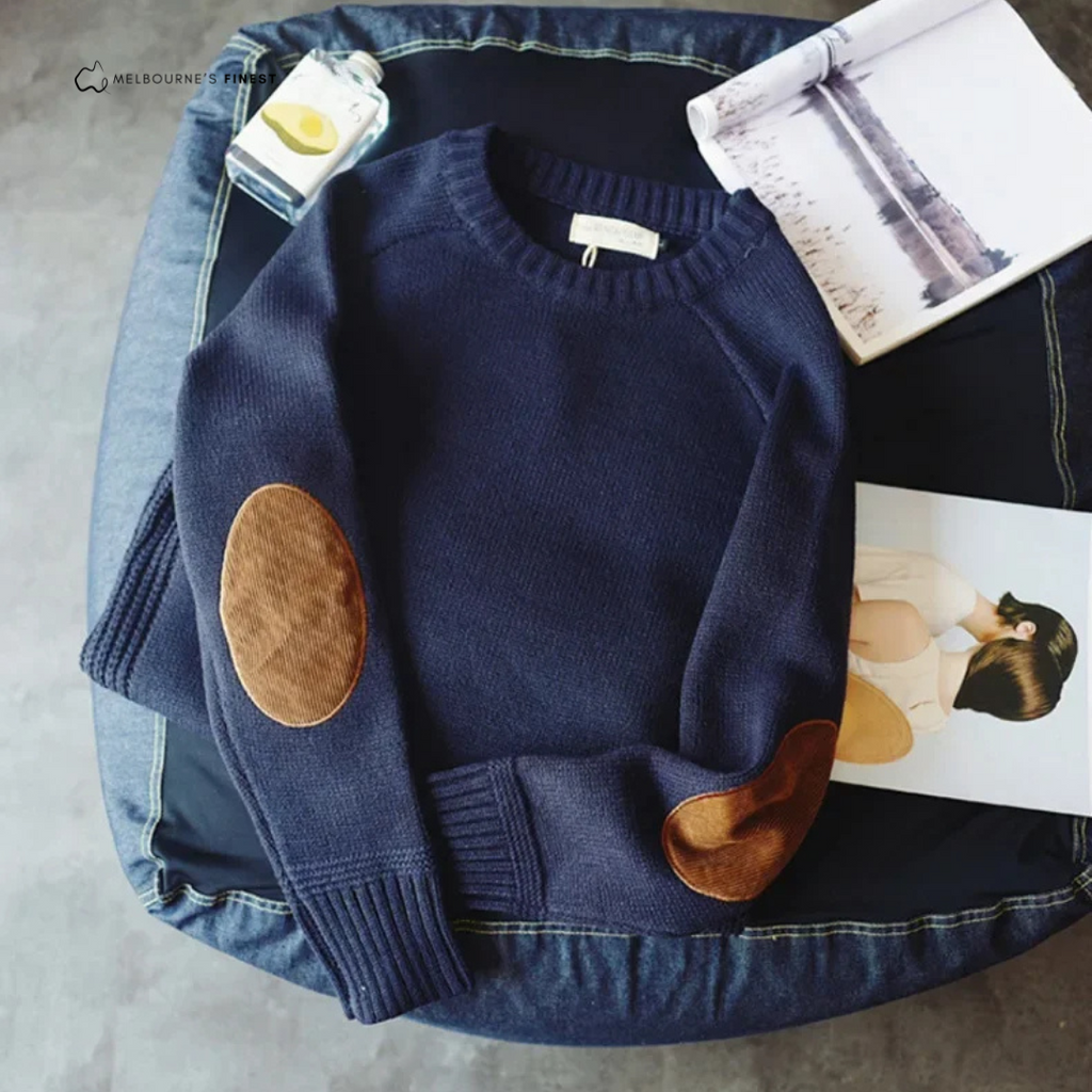 Men's ribbed crew neck pullover with elbow patches